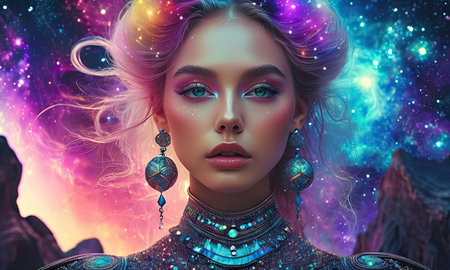 3d illustration of a beautiful woman with fantasy make-up and hairstyleの素材