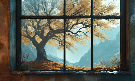 Beautiful autumn landscape through the window of the old abandoned house.の素材