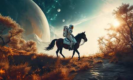Astronaut riding a horse in the desert. 3d renderingの素材