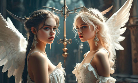 Two beautiful angels with wings in the Gothic church. Fashion shot.の素材