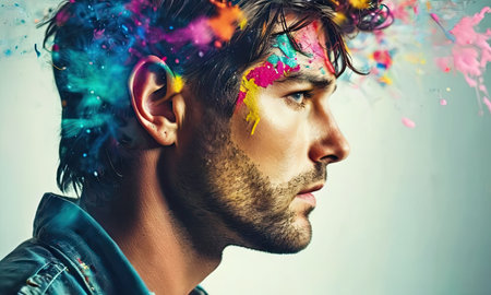 Portrait of a handsome young man with colorful splashes on his face.の素材
