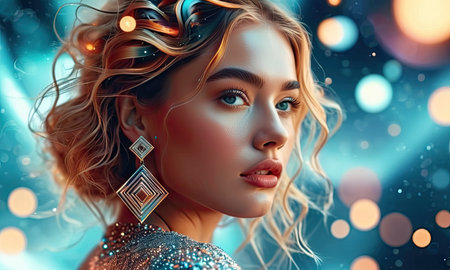 Beautiful young woman with long wavy blond hair and blue eyes. Portrait of a beautiful girl with bright make-up and hairstyle.の素材