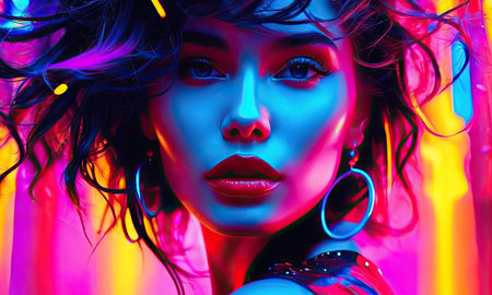 Fashion portrait of a beautiful woman with bright make-up in neon light.の素材