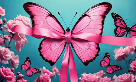 Beautiful pink butterfly with pink ribbon and flowers on blue background.の素材