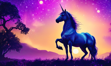 Unicorn in the night sky. Fantasy background. 3D renderingの素材