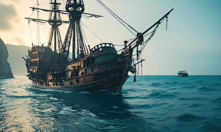 Pirate ship in the sea. Filtered image processed vintage effect.の素材