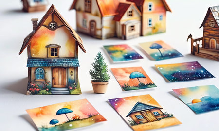 Wooden houses with a Christmas tree and toys on a white backgroundの素材