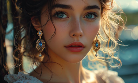 Close-up portrait of a beautiful girl with blue eyes and curly hairの素材