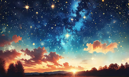 Mystical sky with glowing stars and clouds. 3D renderingの素材