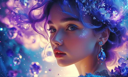 Portrait of a beautiful girl with blue hair and flowers in her hair.の素材