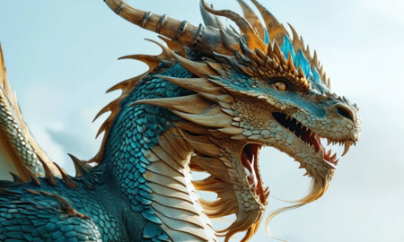 Dragon statue on blue sky background. Close up of dragon statue.の素材