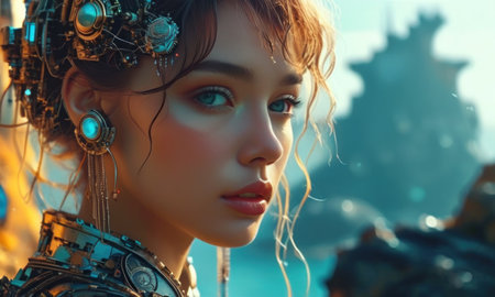 Close-up portrait of a beautiful steampunk girl. Fantasy.の素材