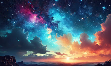 Fantasy landscape. Night sky with clouds and stars. 3d illustrationの素材