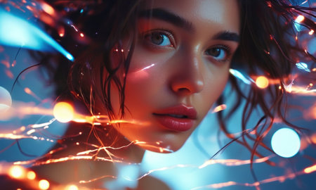 Portrait of a beautiful young woman with lights on her face.の素材