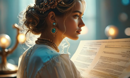 Portrait of beautiful young woman in medieval era costume reading a book.の素材