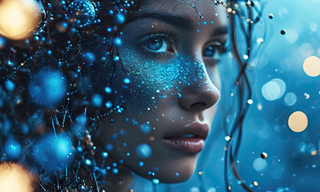 Beautiful young woman with blue makeup and glitter on her face. 3d renderingの素材