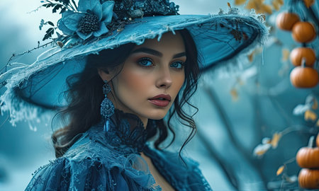 Portrait of a beautiful young woman in a blue dress and hat. Halloween.の素材
