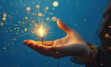 Woman hand holding sparkler on blue background. New year celebration conceptの素材