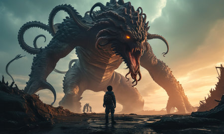 3D rendering of a man with a big dragon in the backgroundの素材