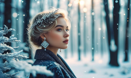 Beautiful young woman in winter forest. Beauty, fashion. Optics.の素材