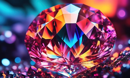 Macro shot of a diamond on black background with colorful lights.の素材
