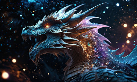 3D rendering of a fantasy dragon with fire and stars in the backgroundの素材