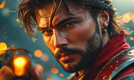 Portrait of a medieval warrior with a sword in his hands.の素材