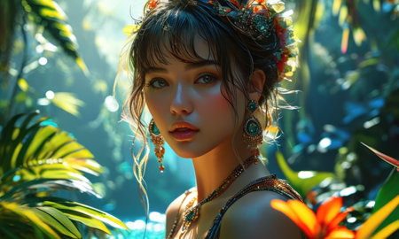 Portrait of a beautiful girl in the jungle. Beauty, fashion.の素材