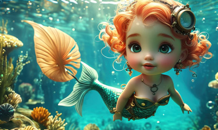 Cute little mermaid in underwater world. 3D rendering.の素材