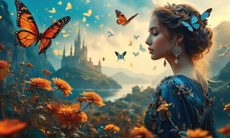 Fantasy portrait of a beautiful young woman with a butterfly in her hairの素材