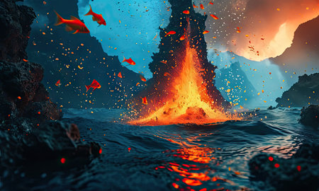 Volcanic eruption in the sea. 3D illustration. Elements of this image furnished by NASAの素材