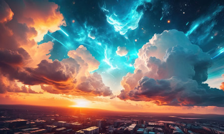 Aerial view of the night city. Dramatic sky with glowing clouds.の素材