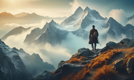 Fantasy landscape with man and mountains. 3d render illustration.の素材