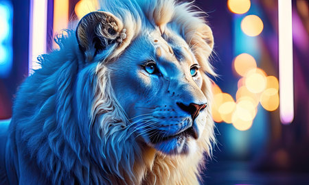 Portrait of a lion in a dark room with Christmas lights.の素材