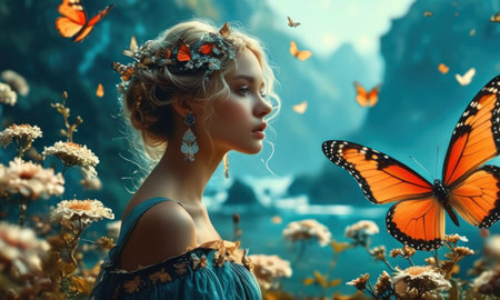 Beautiful young woman with butterfly in her hair. Beauty, fashion.の素材