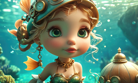 3d illustration of a cute cartoon mermaid in the underwater worldの素材