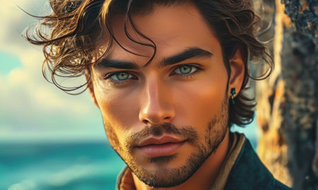 Close-up portrait of a handsome young man with a beard on the beach.の素材