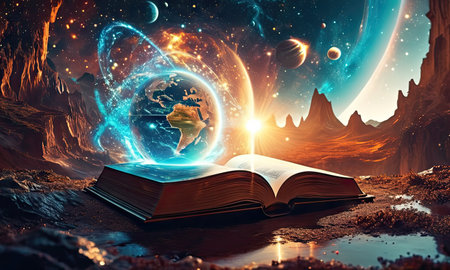 Open book with planet earth and fantasy landscape. Elements  th
is image are furnishedの素材