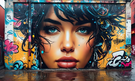 Beautiful young woman face in a tunnel of graffiti. 3d renderingの素材