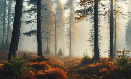 Foggy forest  the morning. Beautiful autumn landscape with fogの素材