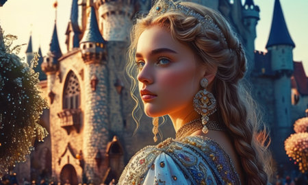 Beautiful girl in medieval dress. Portrait of a beautiful young woman in medieval clothes on the background of the castle.の素材