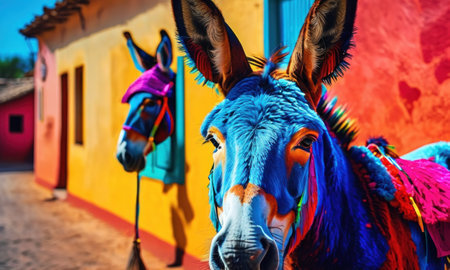 Colorful donkey head on the background of a colorful wall in Trinidad, Cubaの素材