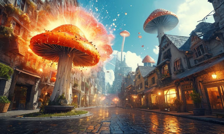 Fantasy landscape with magic mushrooms in the city. 3D renderingの素材