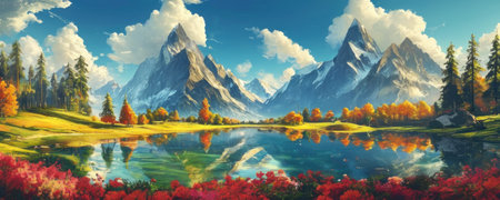 Fantastic colorful autumn landscape with lake and mountains. Artistic painting.の素材