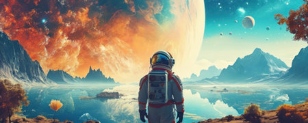 Astronaut on the background of the planet. 3D renderingの素材