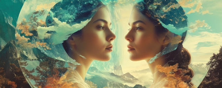 Double exposure of a beautiful woman and planet earth. Elements of this image furnished by NASAの素材