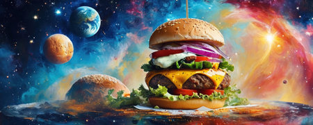 Hamburger on the background of planets and stars in space.の素材