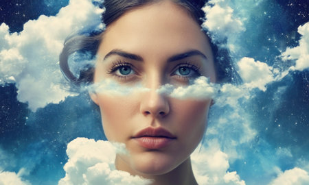 Beautiful woman with cloud on her face. Cloudscape concept.の素材