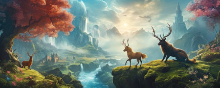 Seamless panorama of a beautiful fantasy landscape with a deerの素材