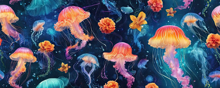 Seamless pattern with jellyfishes and fish. Underwater world.の素材